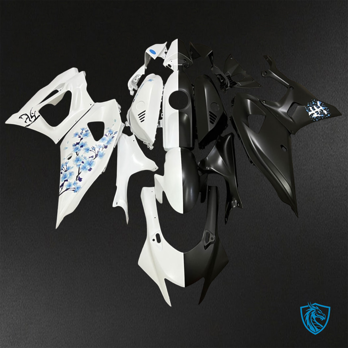 Yamaha R7 (2021-2025) Black, White & Blue Cherry Blossom - Replacement Motorcycle Fairings Kit