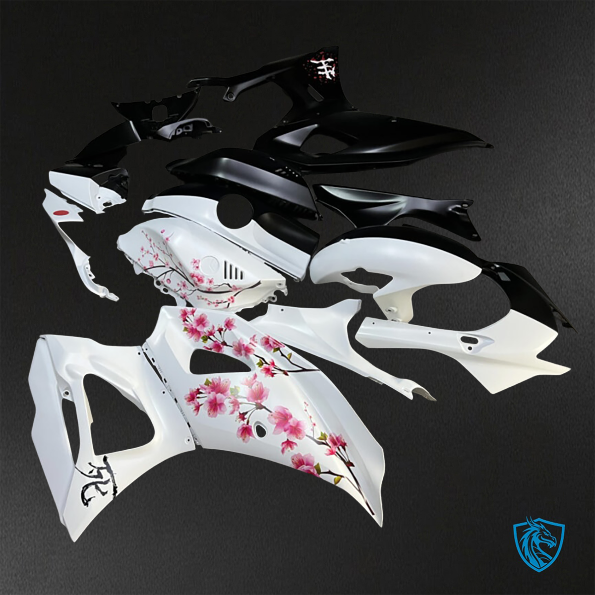 Yamaha R7 (2021-2025) Matte Black & White Cherry Blossom Fairings Kit - Aftermarket ABS Bodywork