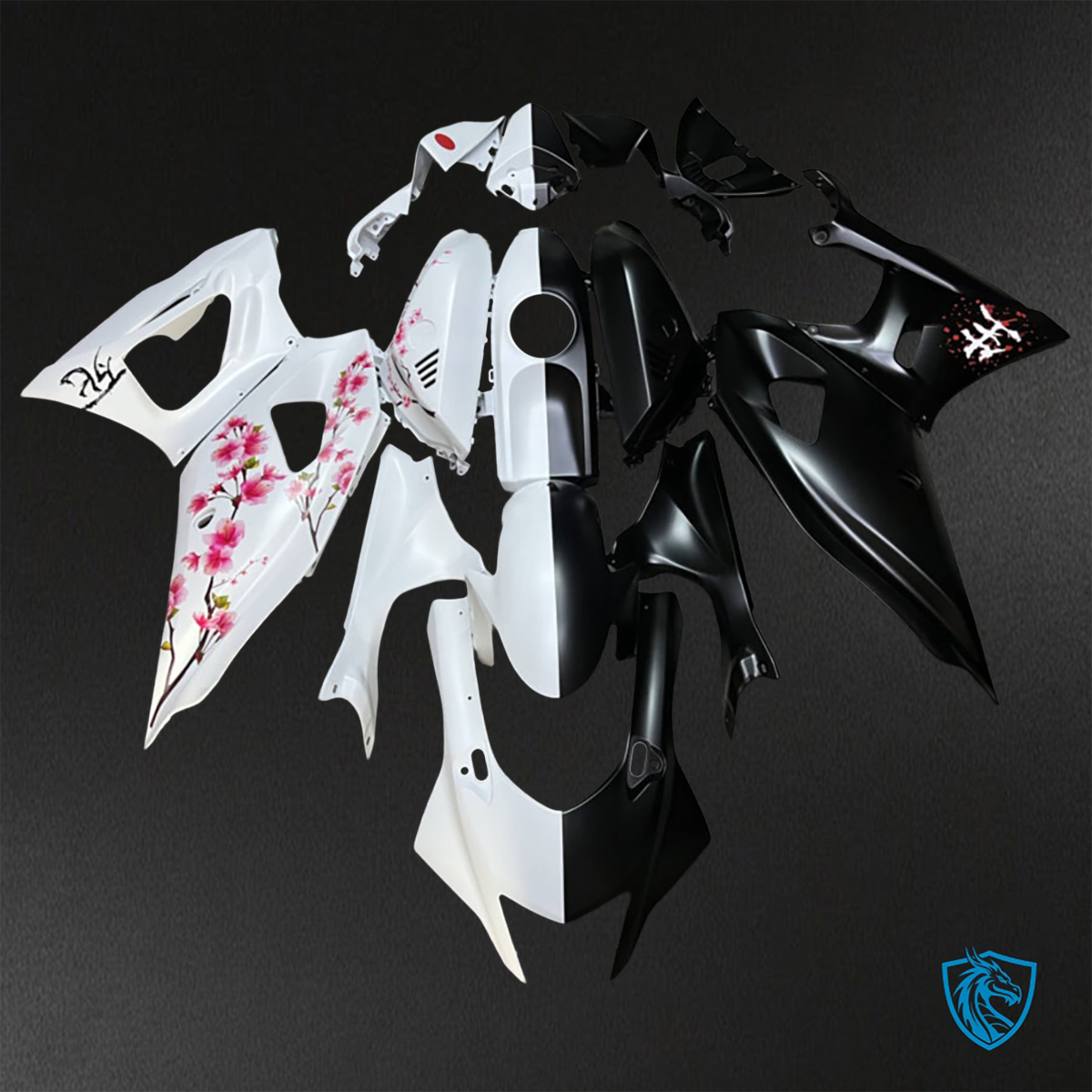 Yamaha R7 (2021-2025) Matte Black & White Cherry Blossom Fairings Kit - Aftermarket ABS Bodywork
