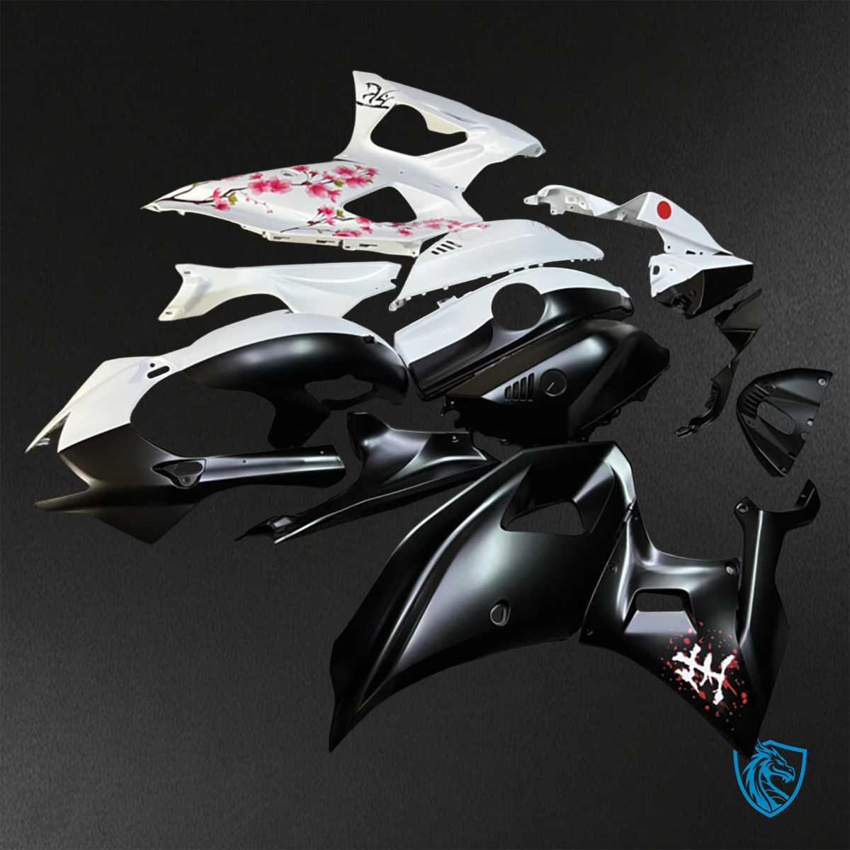 Yamaha R7 (2021-2025) Matte Black & White Cherry Blossom Fairings Kit - Aftermarket ABS Bodywork