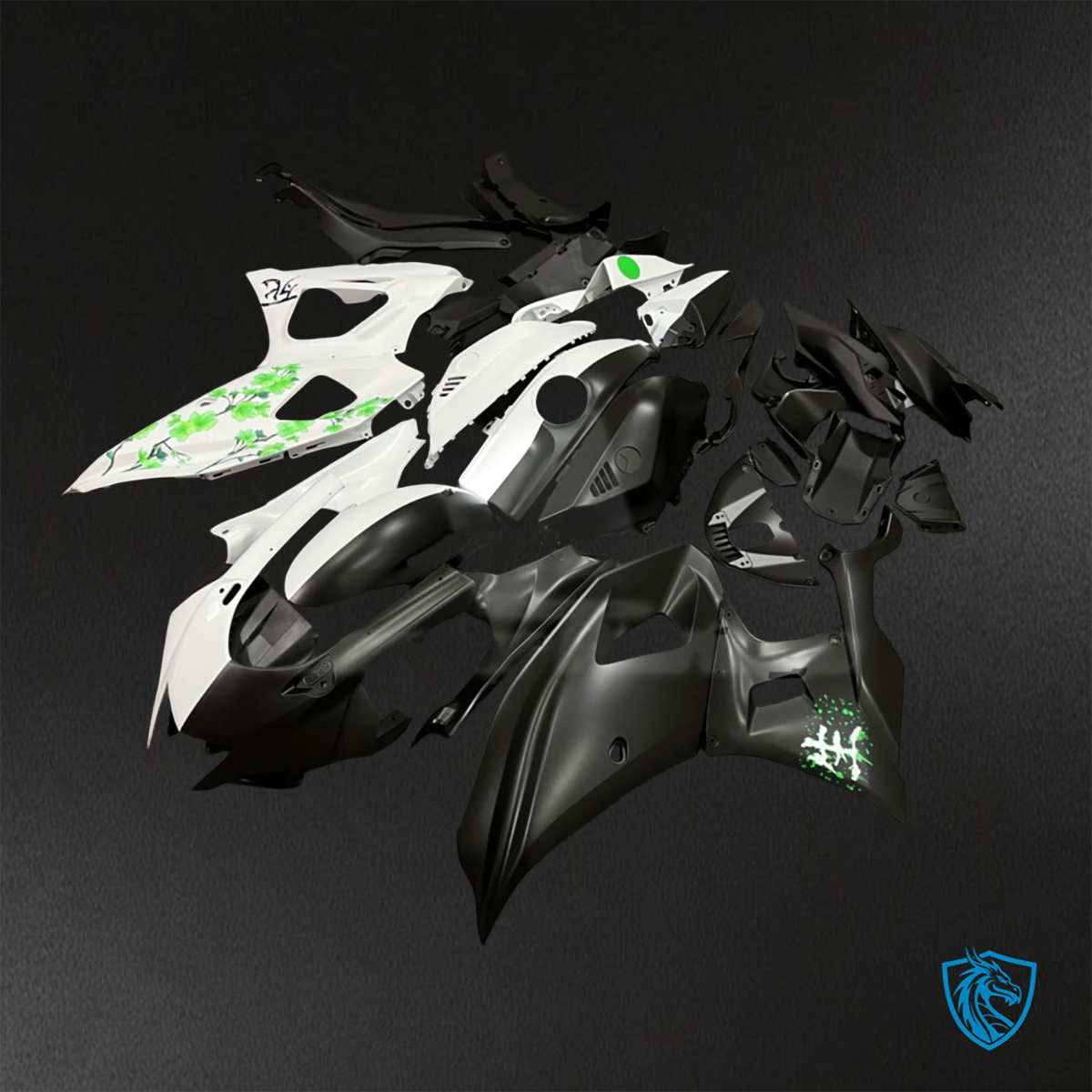 Yamaha R7 (2021-2025) Black, White & Green Cherry Blossom Split - Custom ABS Fairing Kit