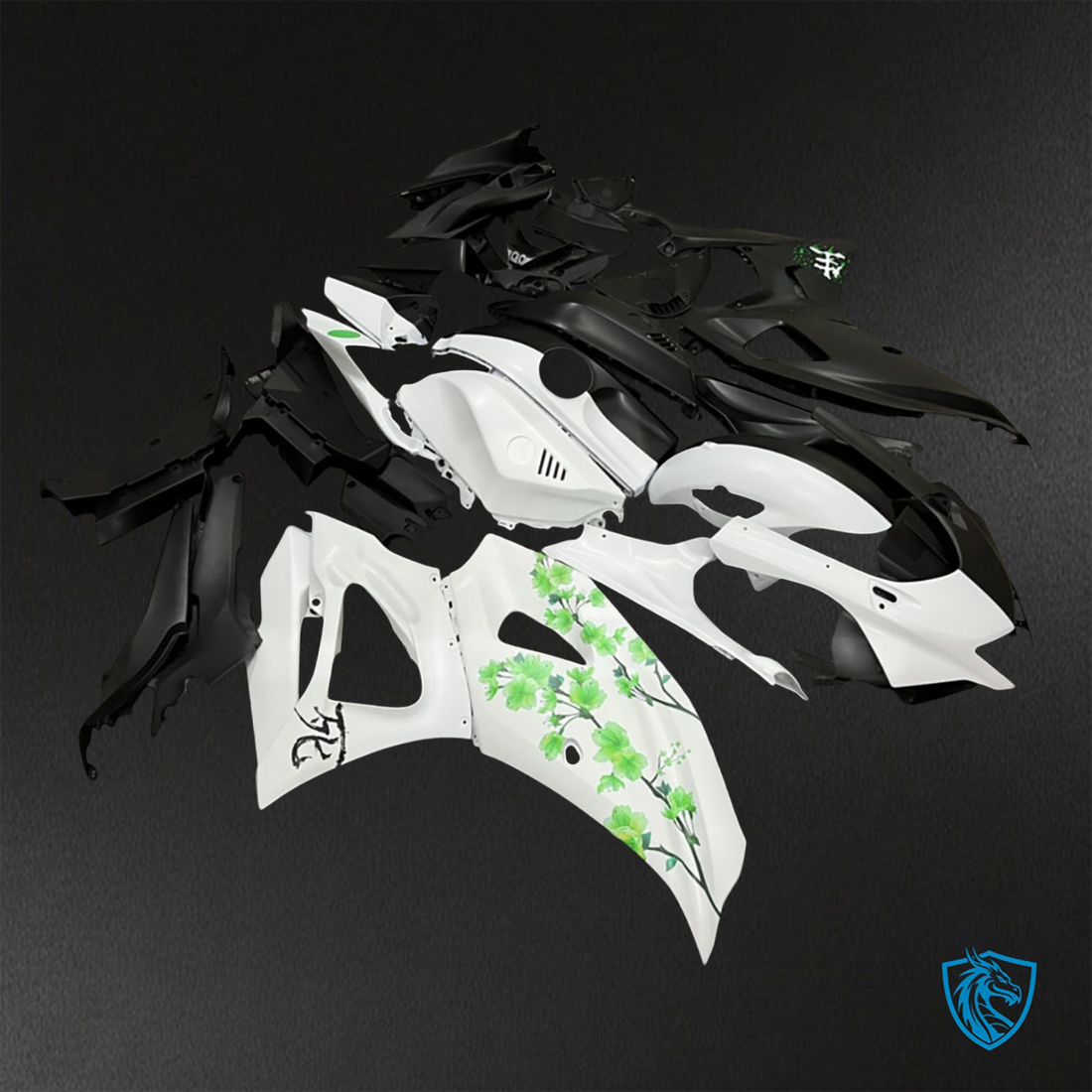 Yamaha R7 (2021-2025) Black, White & Green Cherry Blossom Split - Custom ABS Fairing Kit