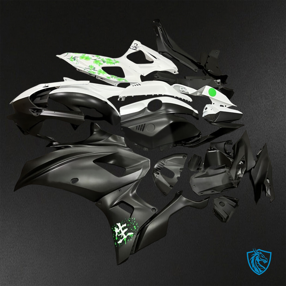 Yamaha R7 (2021-2025) Black, White & Green Cherry Blossom Split - Custom ABS Fairing Kit