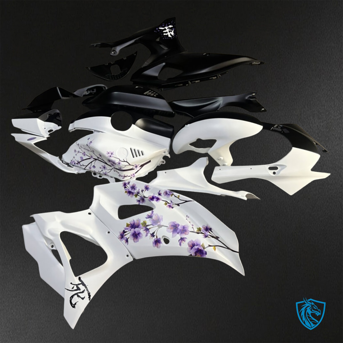 Yamaha R7 (2021-2025) Black, White & Purple Cherry Blossom - Replacement Motorcycle Fairings Kit