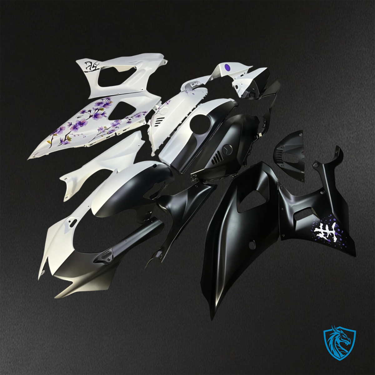 Yamaha R7 (2021-2025) Black, White & Purple Cherry Blossom - Replacement Motorcycle Fairings Kit