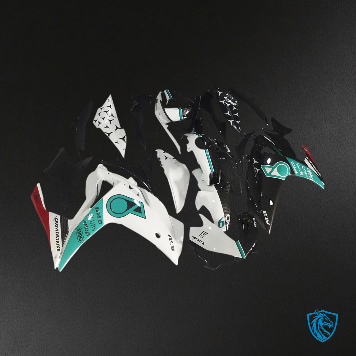 Yamaha YZF-R3 (2014-2018) R25 (2015-2017) White, Blue & Black Carbon Fiber - MERGEment Motorcycle Fairings Kit