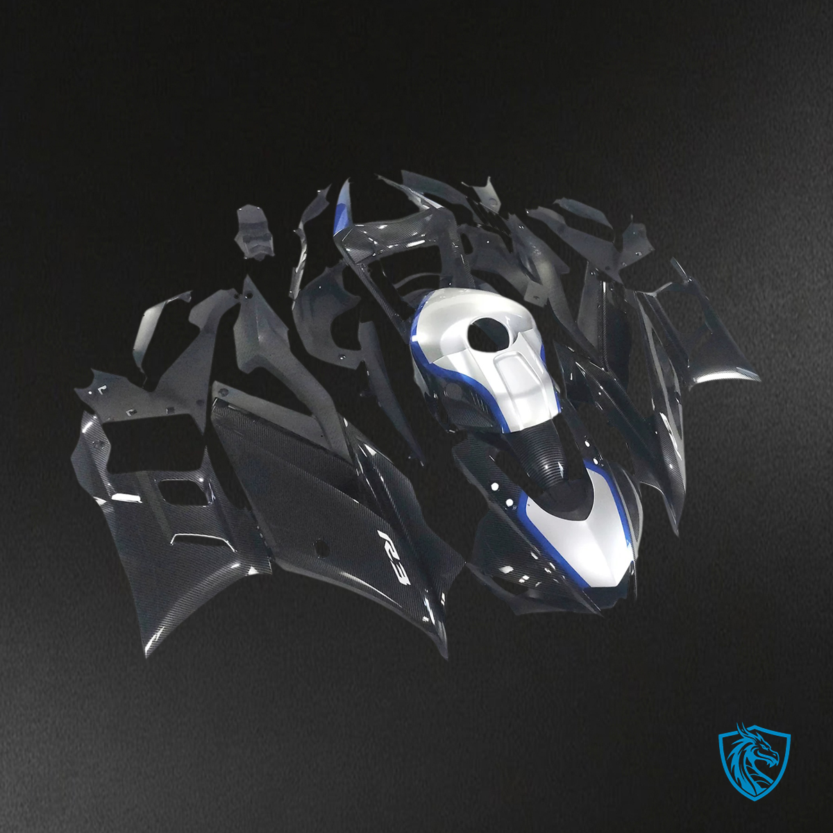 Yamaha YZF-R3 R25 (2019-2021) Carbon Fiber Black & Silver - MERGEment Motorcycle Fairings Kit