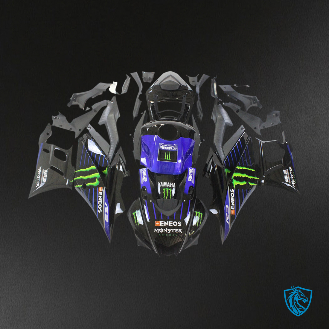 Yamaha YZF-R3 R25 (2022-2024) black, blue & green Monster Style2 - MERGEment Motorcycle Fairings Kit