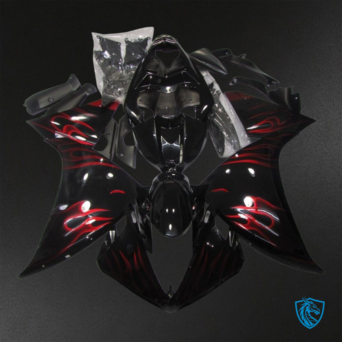 Yamaha YZF R1 (2012-2014) Gloss Black & Red Flame ABS Bodywork - Fairings Kit