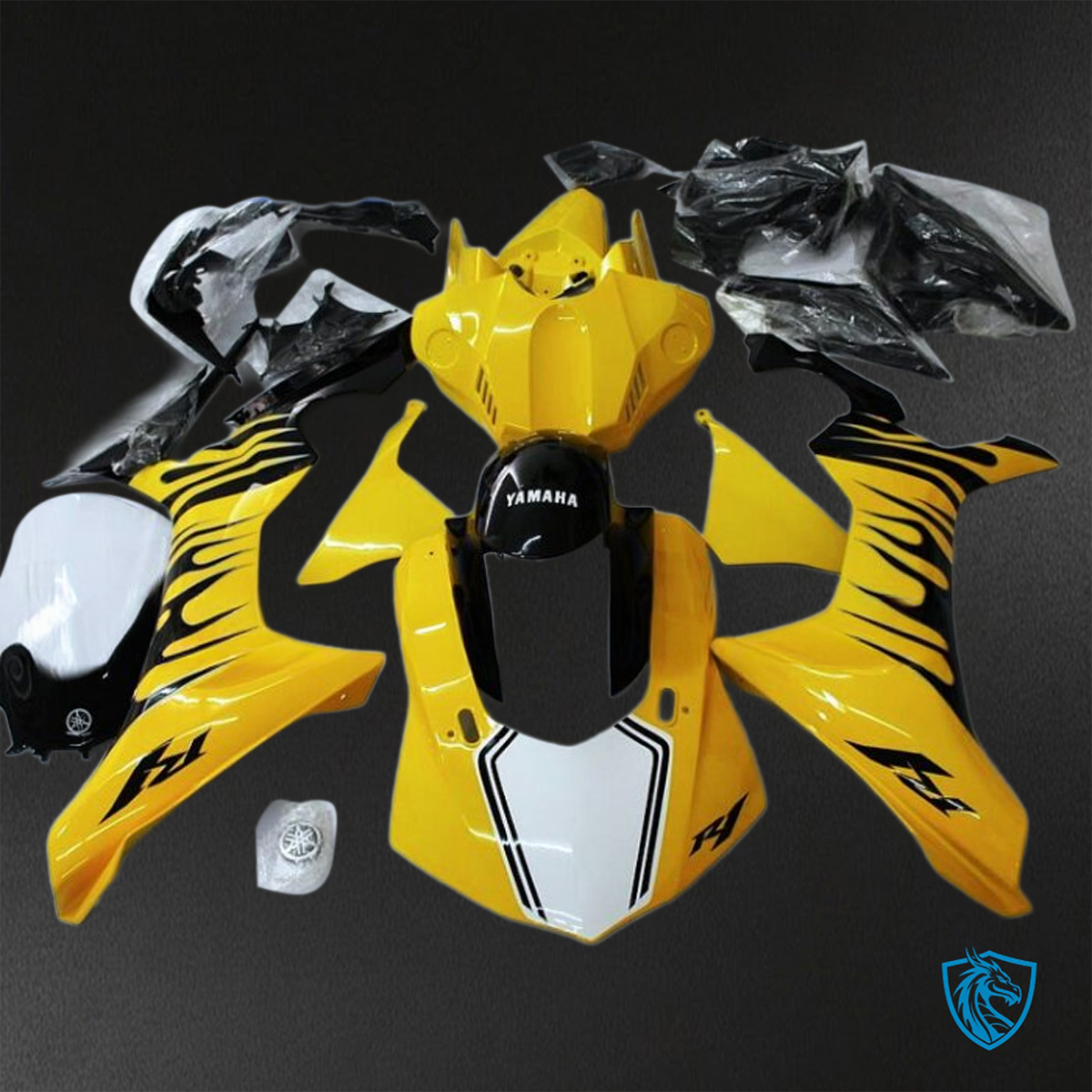 Yamaha YZF R1 (2015-2020) Gloss Black & Yellow Flame ABS Bodywork - Fairings Kit