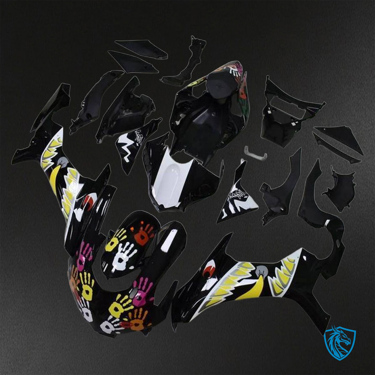 Yamaha YZF R1 (2015-2020) Gloss Black, White & Yellow Shark Fairings Kit - Aftermarket ABS Bodywork