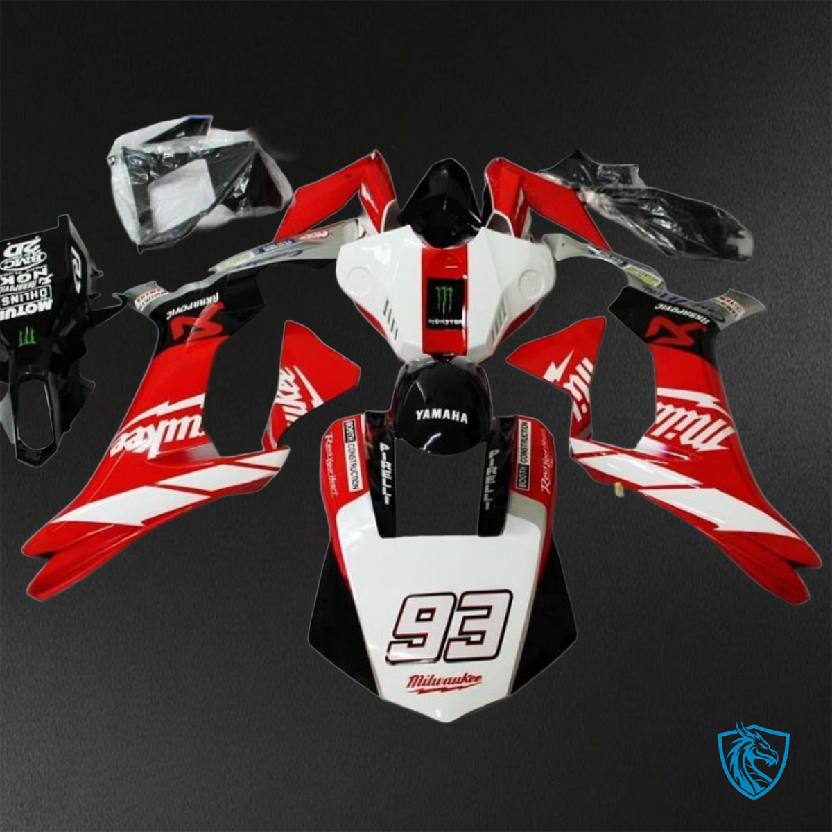 Yamaha YZF R1 (2015–2020) Red, Black & White Logos Fairings Kit - Aftermarket ABS Bodywork