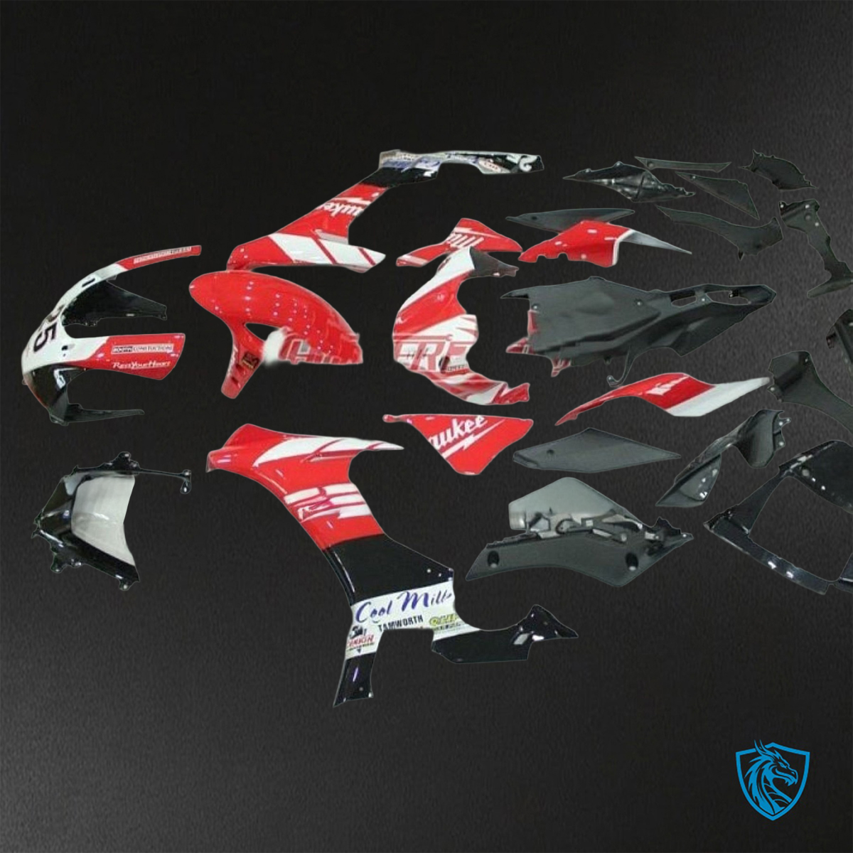 Yamaha YZF R1 (2015–2020) Red, Black & White Logos Fairings Kit - Aftermarket ABS Bodywork