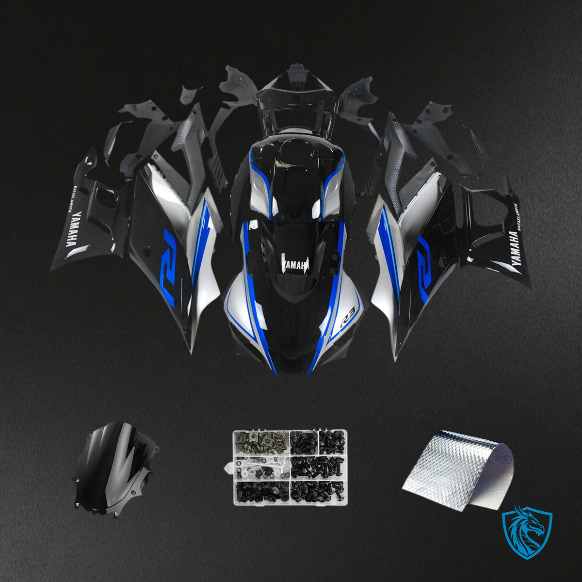 Yamaha YZF R3-YZF R25 (2019-2021) Black, Silver & Blue - Custom ABS Fairing Set