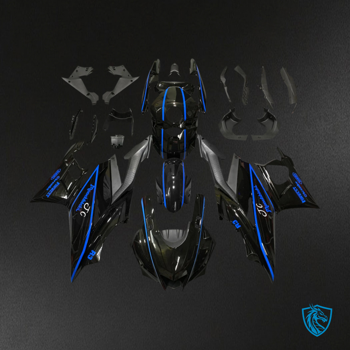 Yamaha YZF R3-YZF R25 (2019-2021) Black & Blue Stripe Fairing Kit | ABS Bodywork