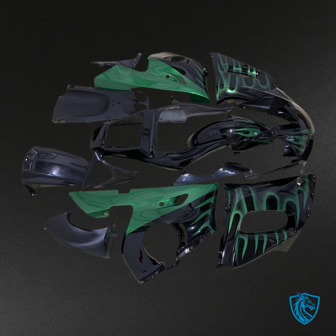 Yamaha YZF R6 (1999-2002) Black Flame & Green Fairing Kit - Aftermarket ABS Bodywork
