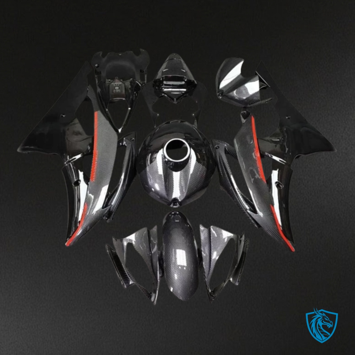 Yamaha YZF R6 (2008-2016) Red & Black Carbon Fabric Plastic Kit - Custom ABS Fairing Kit