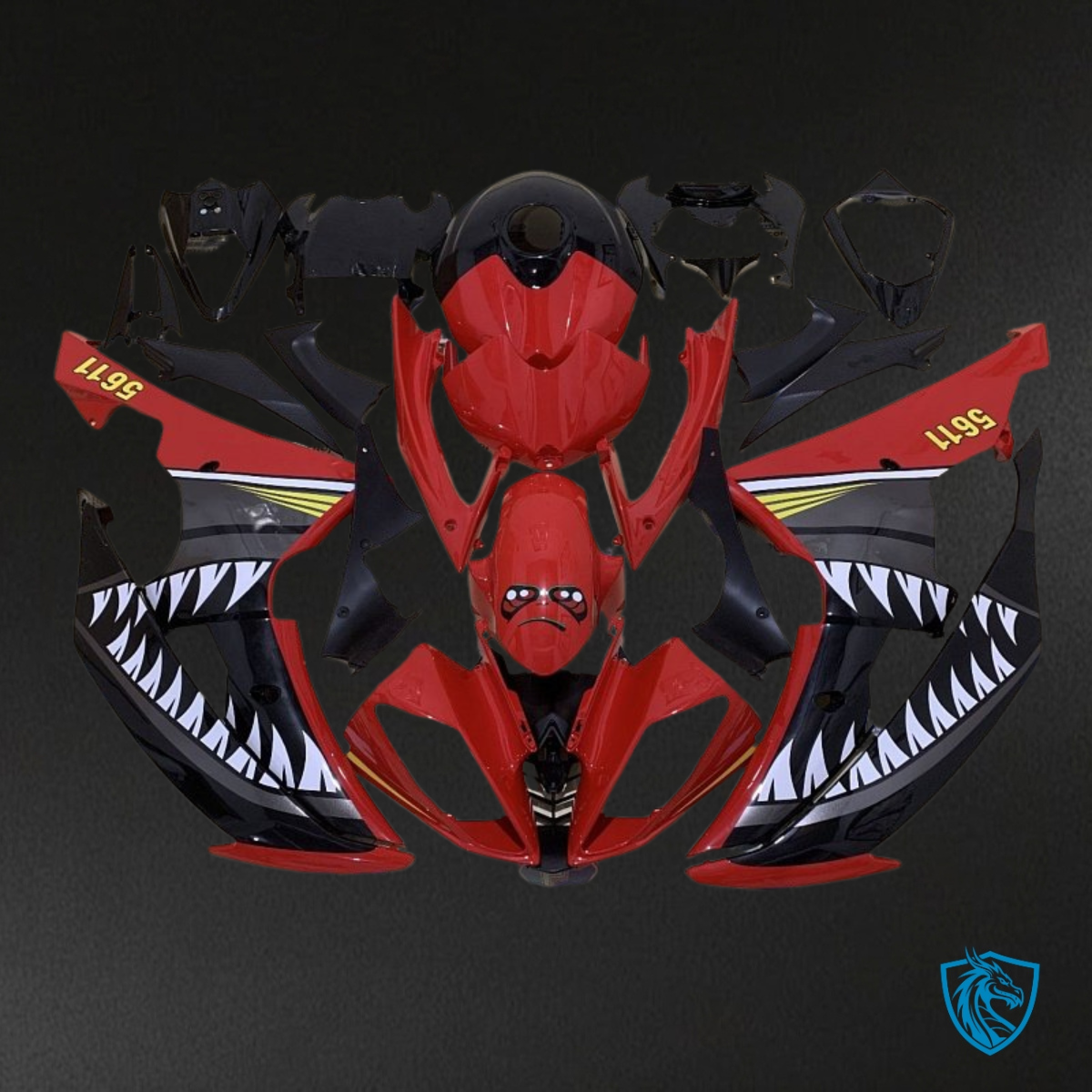 Yamaha YZF R6 (2008-2016) Black, Red & White Shark Teeth - Custom ABS Fairing Kit