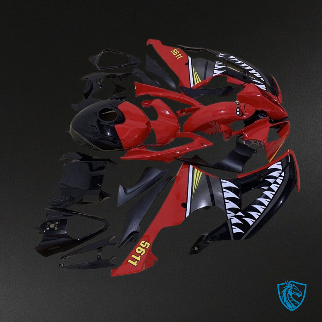 Yamaha YZF R6 (2008-2016) Black, Red & White Shark Teeth - Custom ABS Fairing Kit