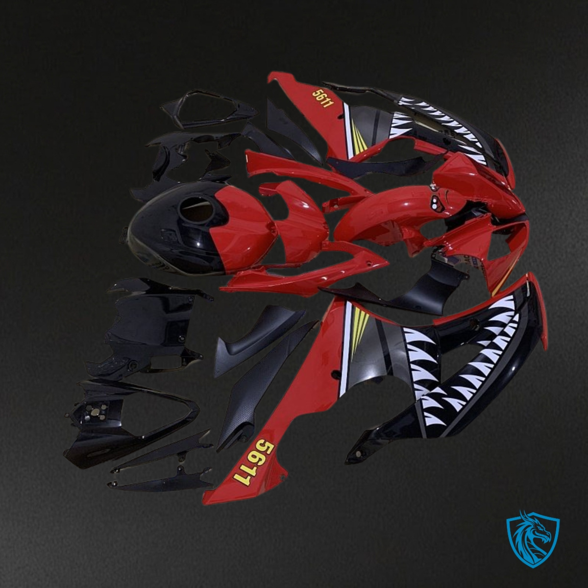 Yamaha YZF R6 (2008-2016) Black, Red & White Shark Teeth - Custom ABS Fairing Kit
