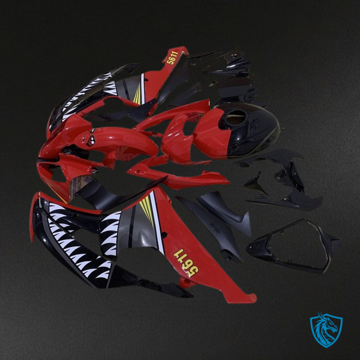 Yamaha YZF R6 (2008-2016) Black, Red & White Shark Teeth - Custom ABS Fairing Kit