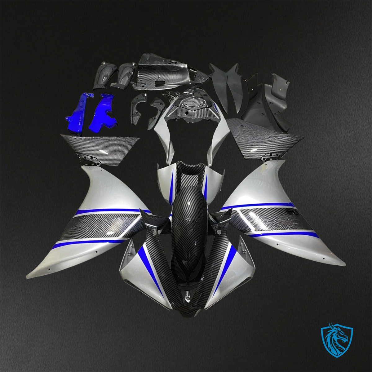 Yamaha YZF-R1 (2012-2014) silver & blue carbon fiber ABS Bodywork - Fairings Kit