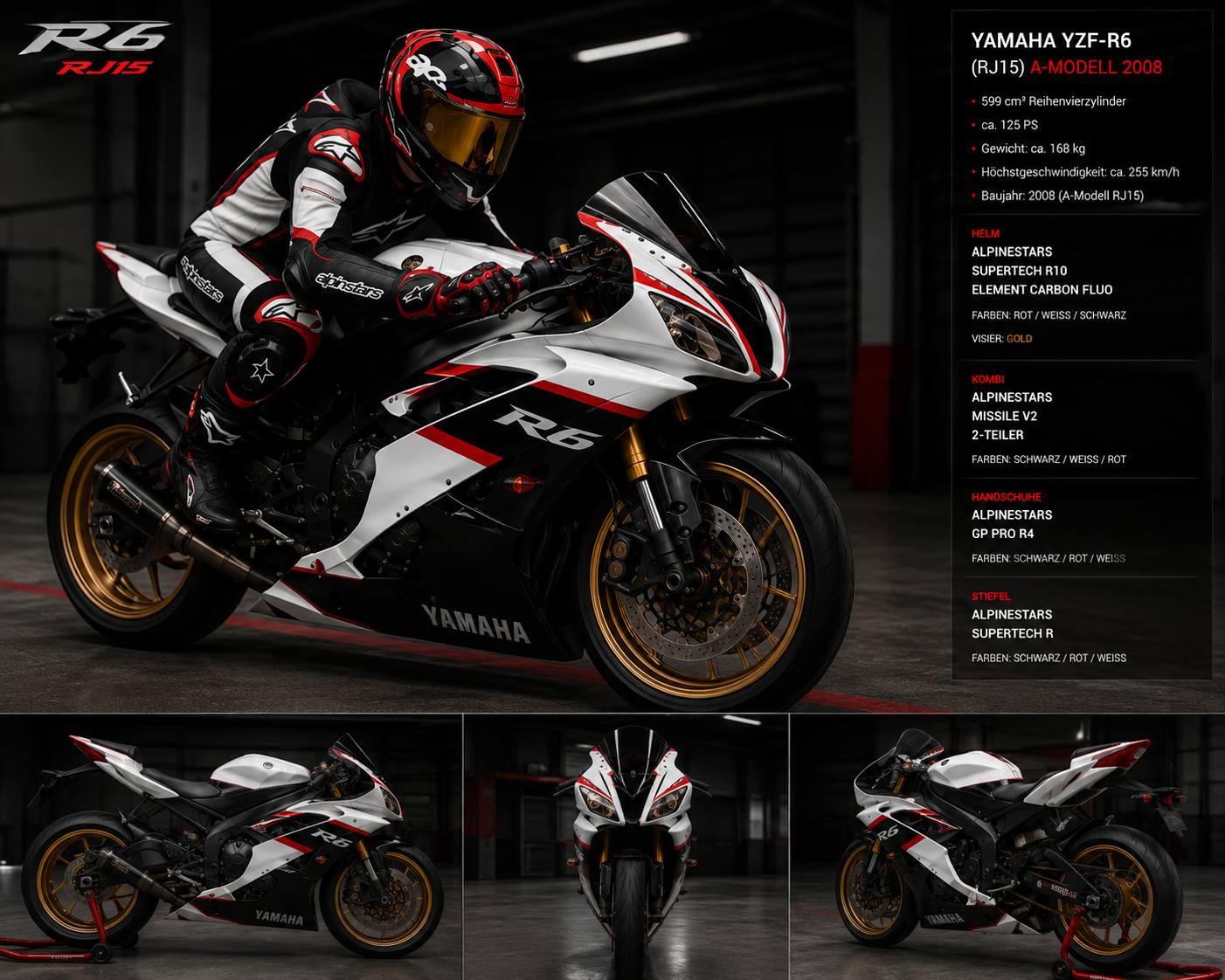 Yamaha R6 RJ15 (2008) Black / White / Red Custom Fairings Kit
